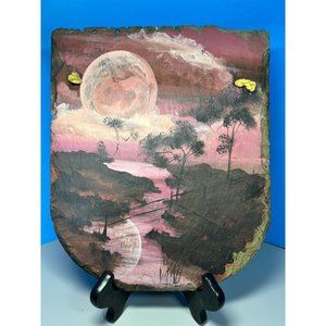 Hand Painted Slate Painting Moon River Vintage Signed Wall Hanging Art 11" x 9"
